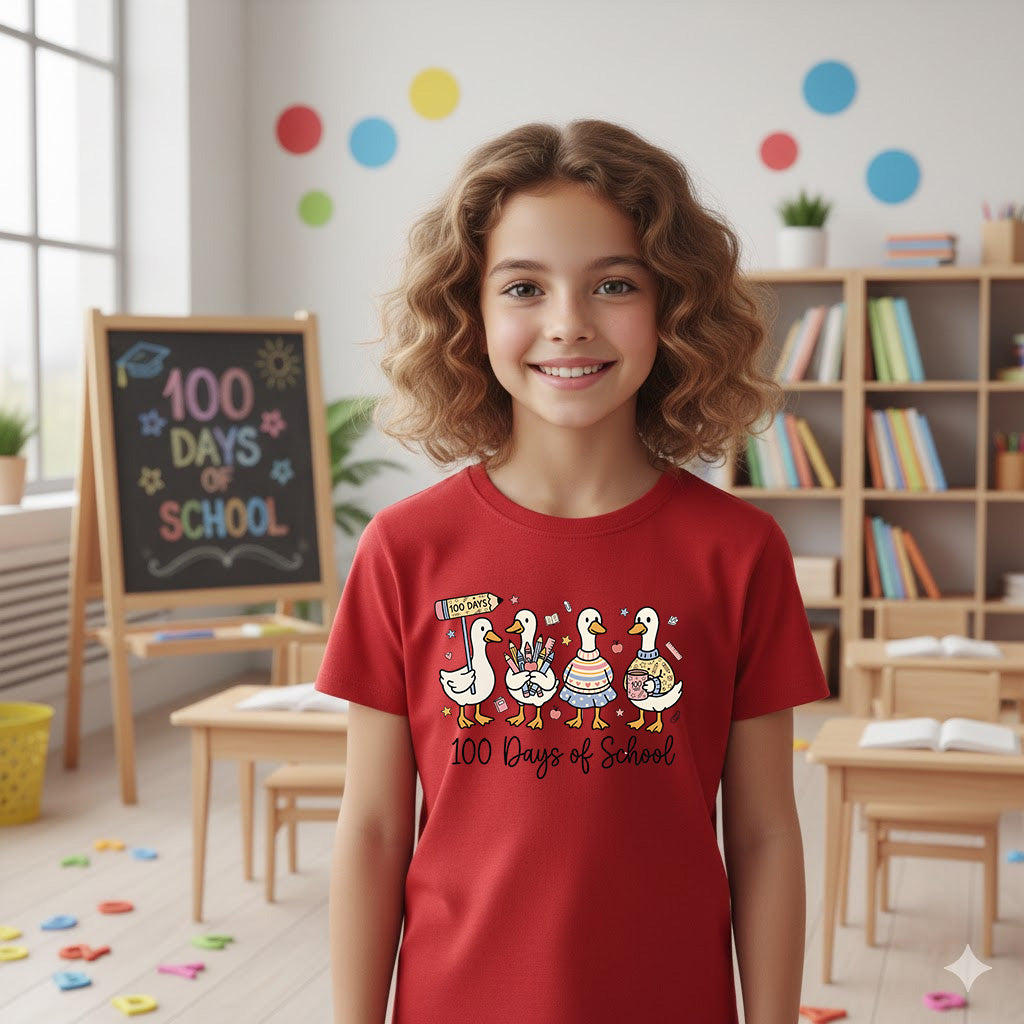 Cute Goose 100 Days of School T Shirt Ducks Teacher 100 Days of School Shirt for Kids Boys Girls Women Men Classroom Celebration Tee