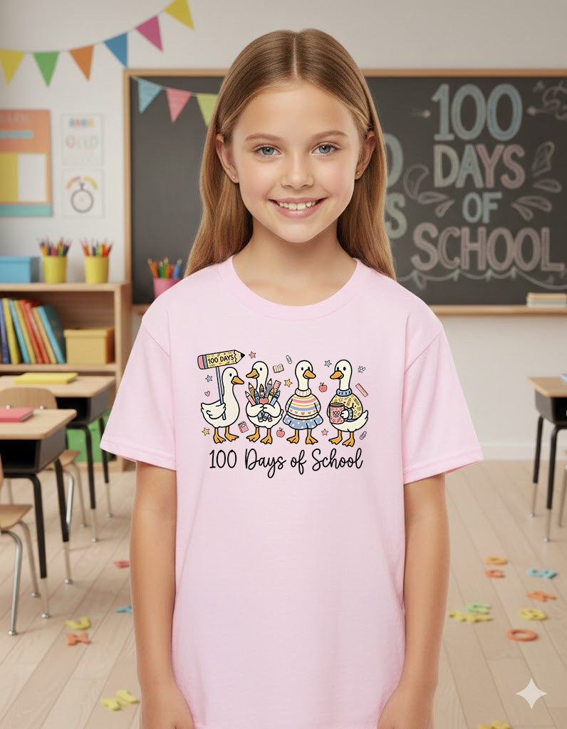 Cute Goose 100 Days of School T Shirt Ducks Teacher 100 Days of School Shirt for Kids Boys Girls Women Men Classroom Celebration Tee