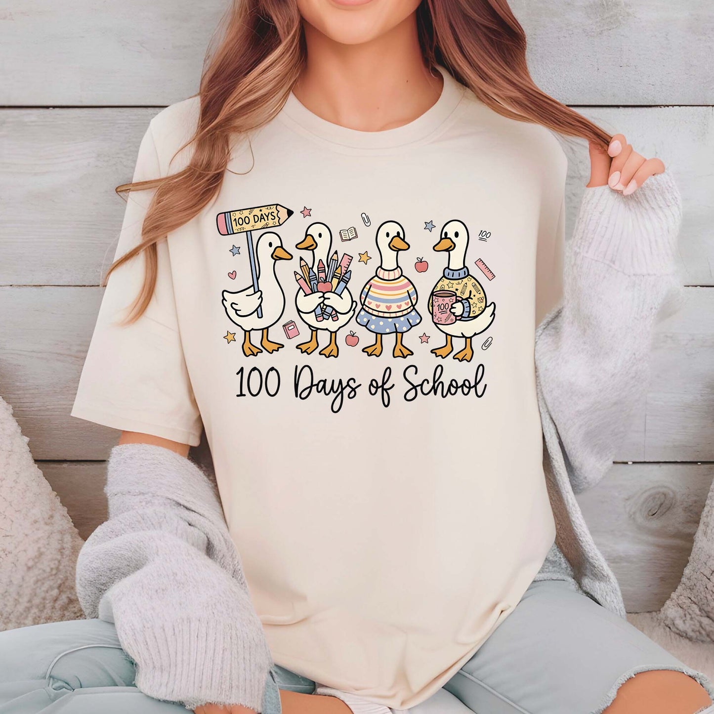 Cute Goose 100 Days of School T Shirt Ducks Teacher 100 Days of School Shirt for Kids Boys Girls Women Men Classroom Celebration Tee