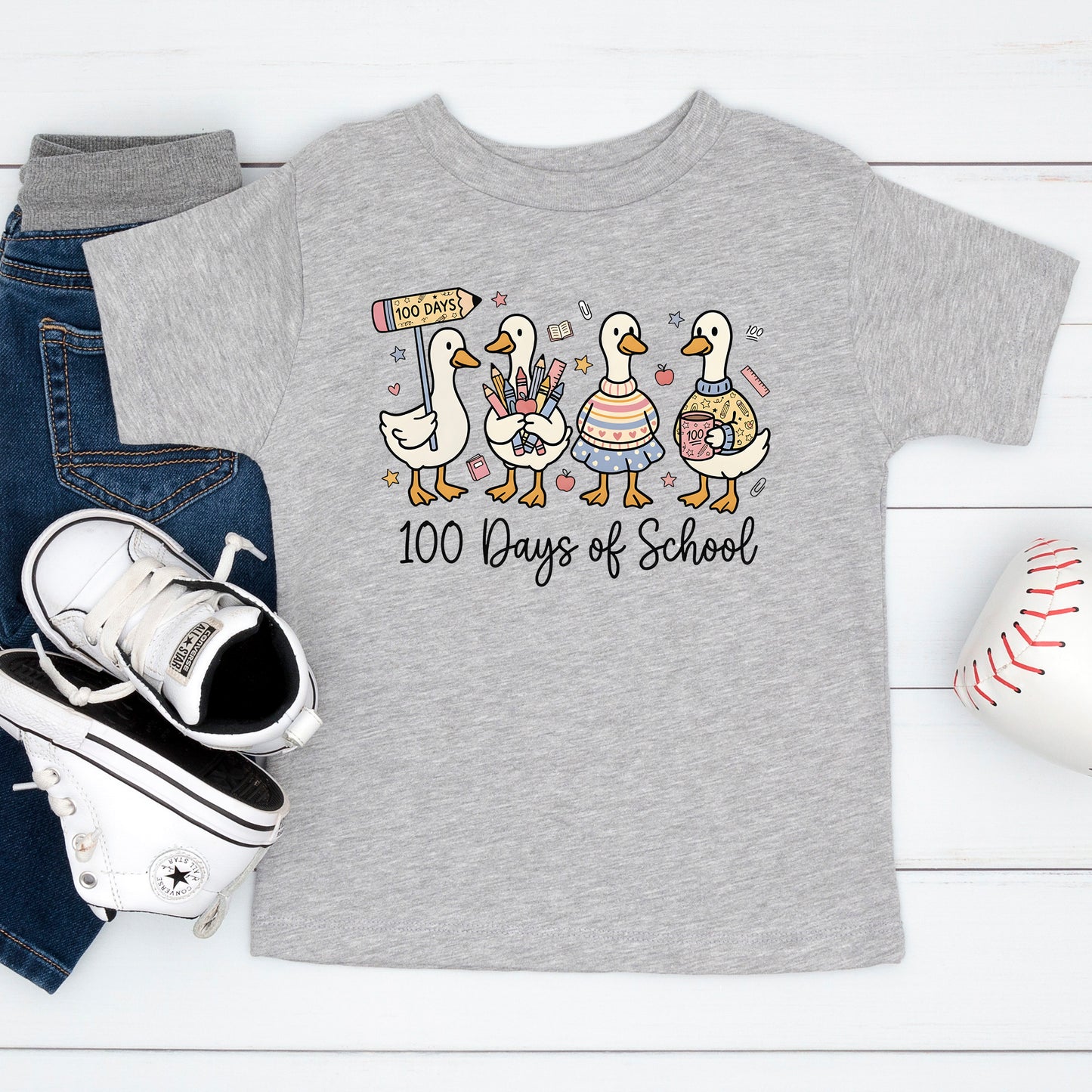 Cute Goose 100 Days of School T Shirt Ducks Teacher 100 Days of School Shirt for Kids Boys Girls Women Men Classroom Celebration Tee