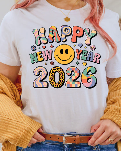 Cute Smiley New Year 2026 Graphic DTF Transfer, Ready to Press Heat Transfer for Shirts, Fun Festive New Year 2026 Design, UV Sticker