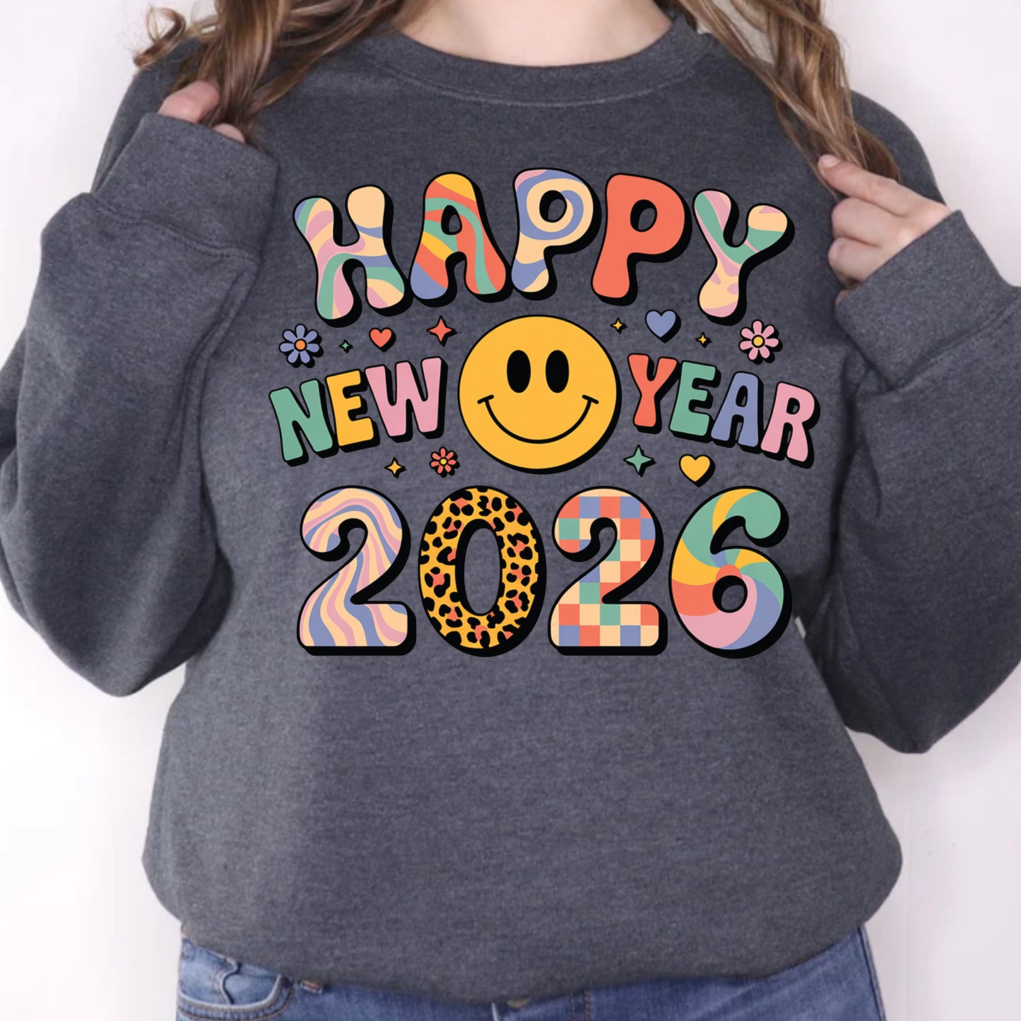 Cute Smiley New Year 2026 Graphic DTF Transfer, Ready to Press Heat Transfer for Shirts, Fun Festive New Year 2026 Design, UV Sticker