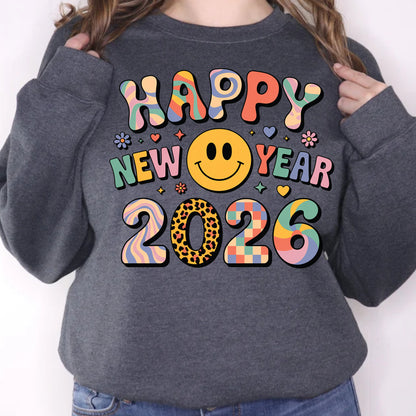 Cute Smiley New Year 2026 Graphic DTF Transfer, Ready to Press Heat Transfer for Shirts, Fun Festive New Year 2026 Design, UV Sticker