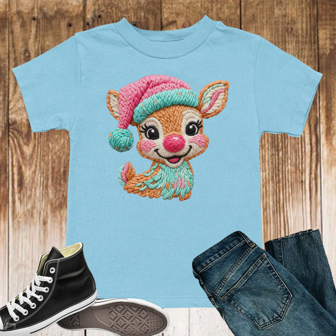 Faux Latch Hook Crochet Christmas Deer Sweatshirt, Christmas Cute Reindeer Shirt, X-mas Holiday Gift Tees