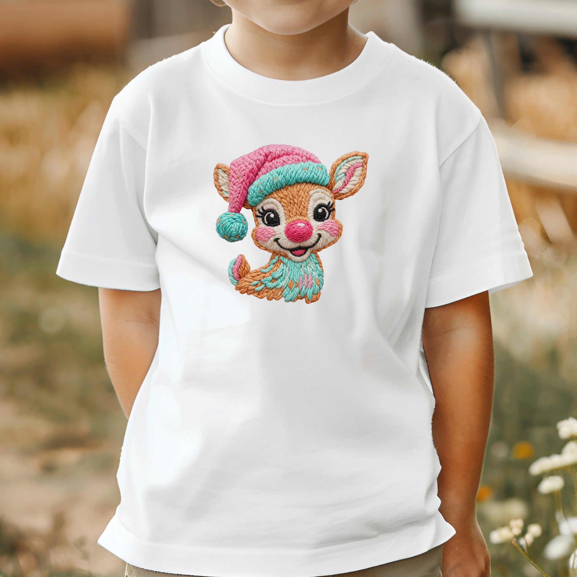 Faux Latch Hook Crochet Christmas Deer Sweatshirt, Christmas Cute Reindeer Shirt, X-mas Holiday Gift Tees