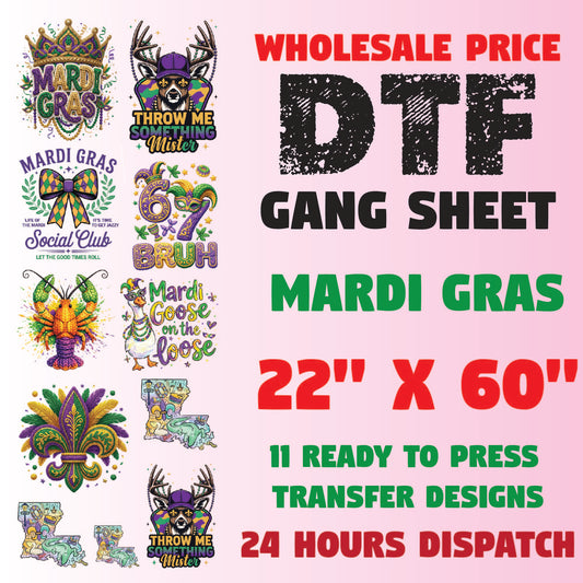 Mardi Gras Premade Gang Sheet Dtf Transfer Ready to Press Jester Mardi Gras New Orleans Festival Heat Transfer For Shirts, Sweatshirts