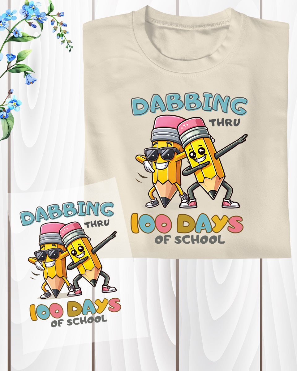 Dabbing Thru 100 Days of School DTF Transfer, Ready to Press Heat Transfer for Shirts, Fun 100 Days of School Kids Design, UV Sticker