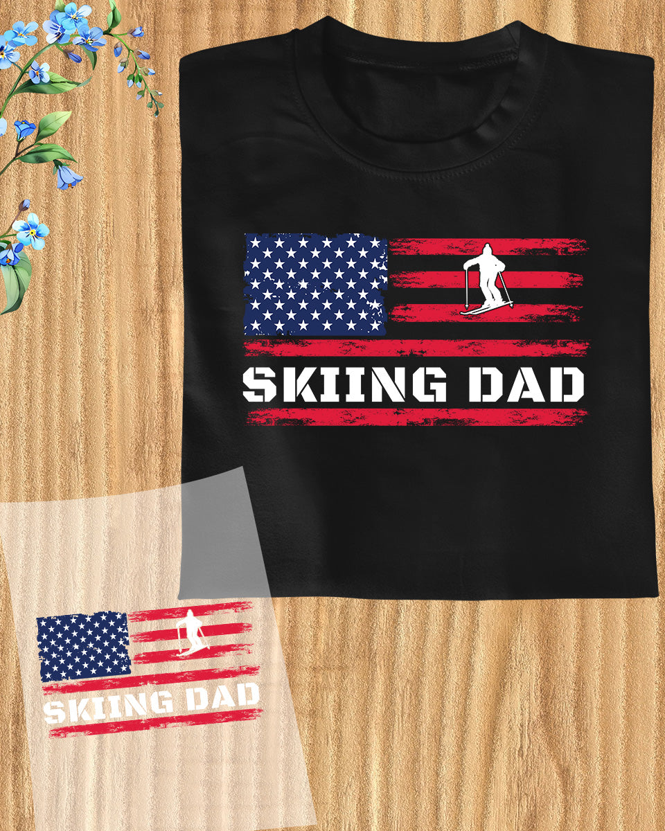 American Flag Skiing Dad DTF Transfer Film