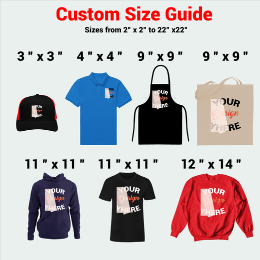 Custom DTF heat transfer size guide showing for t shirts size small medium and large transfer options