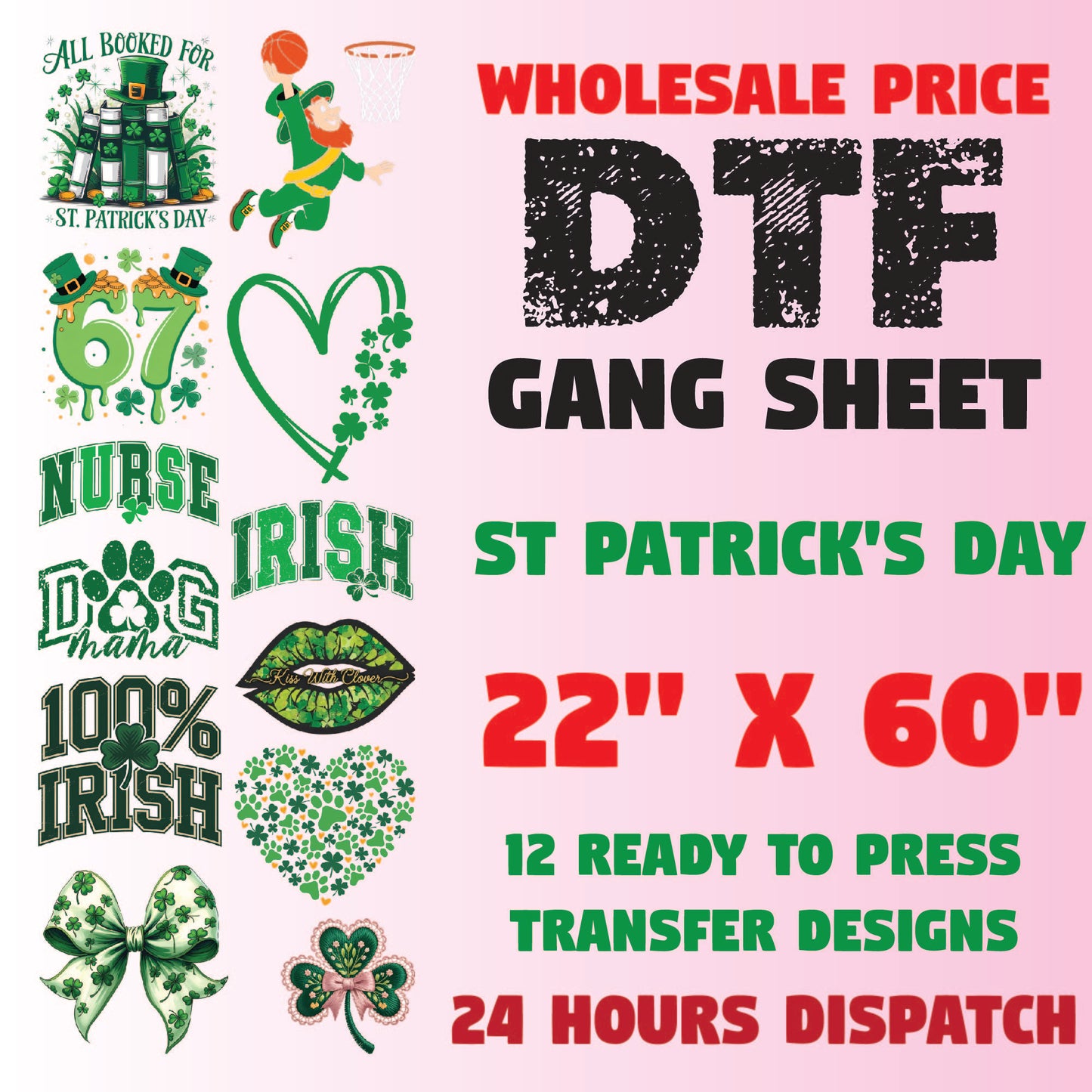 St. Patrick's Day Premade Gang Sheet Dtf Transfer Ready to Press Shamrock Heat Transfer For Shirts, Saint patrick iron on Transfer Designs