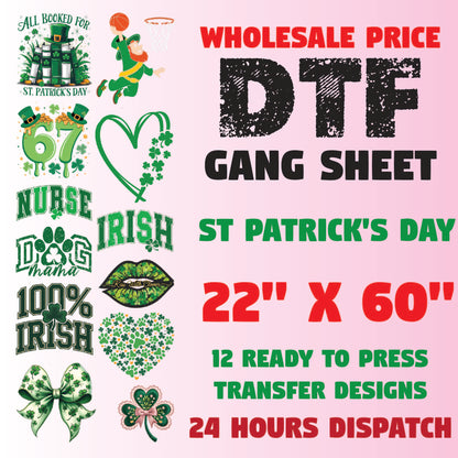 St. Patrick's Day Premade Gang Sheet Dtf Transfer Ready to Press Shamrock Heat Transfer For Shirts, Saint patrick iron on Transfer Designs