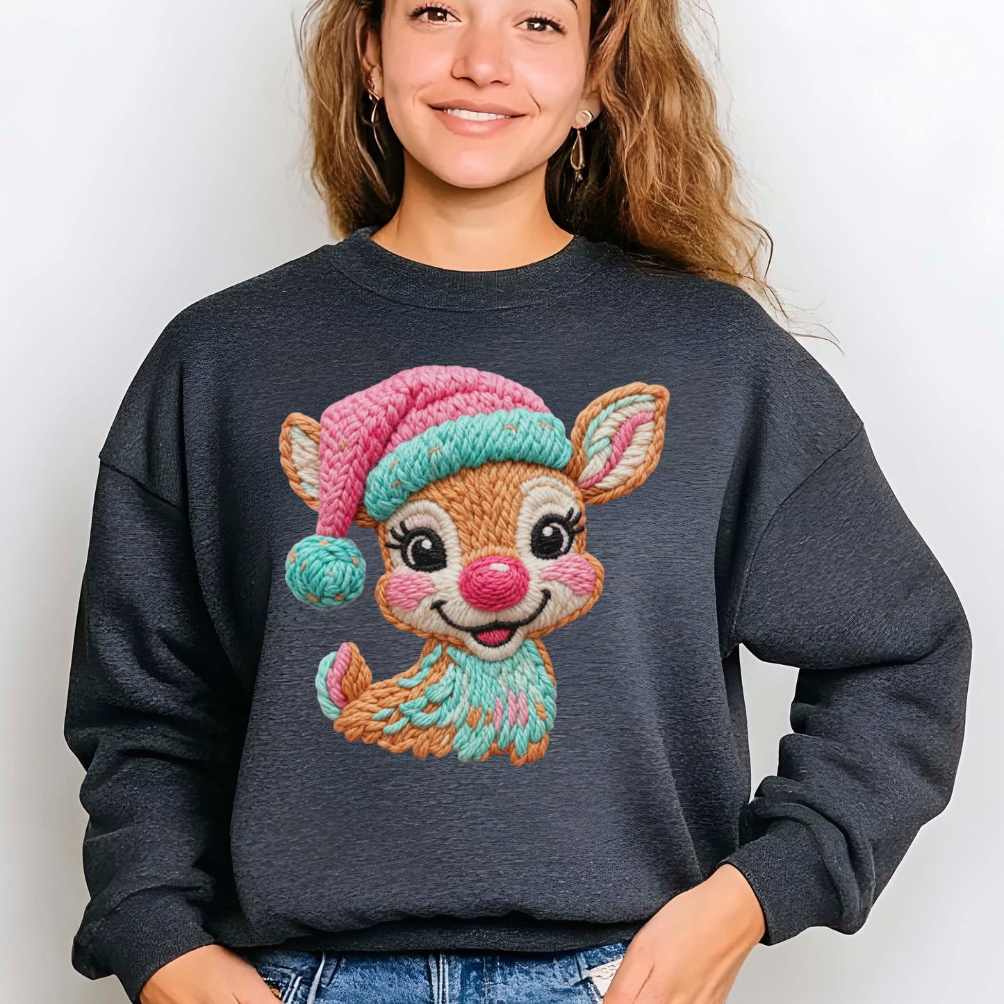 Faux Latch Hook Crochet Christmas Deer Sweatshirt, Christmas Cute Reindeer Shirt, X-mas Holiday Gift Tees