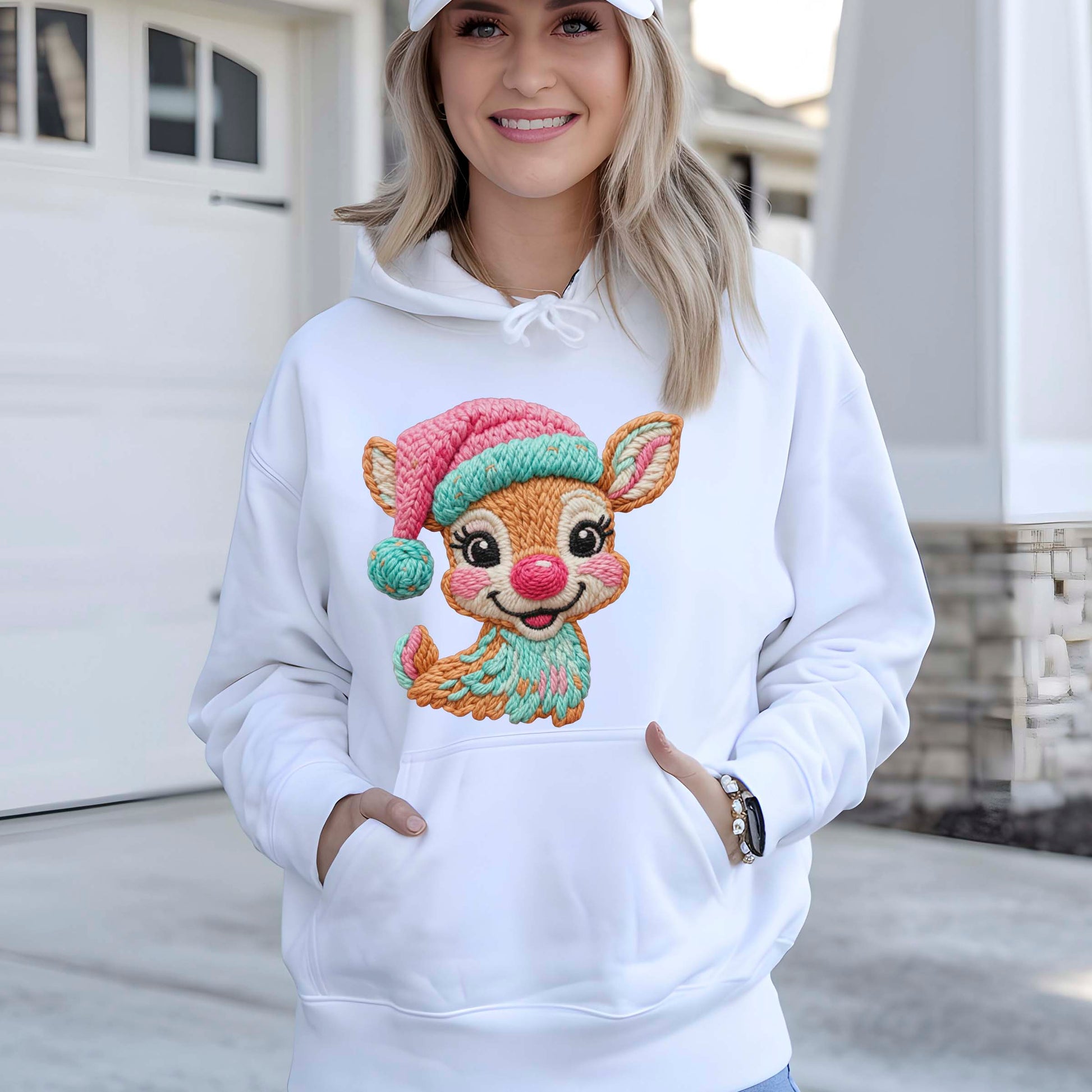 Faux Latch Hook Crochet Christmas Deer DTF Transfer Ready to Press, Christmas Cute Reindeer Heat Transfer For Shirt, UV Sticker Prints