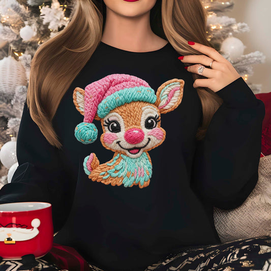 Faux Latch Hook Crochet Christmas Deer Sweatshirt, Christmas Cute Reindeer Shirt, X-mas Holiday Gift Tees
