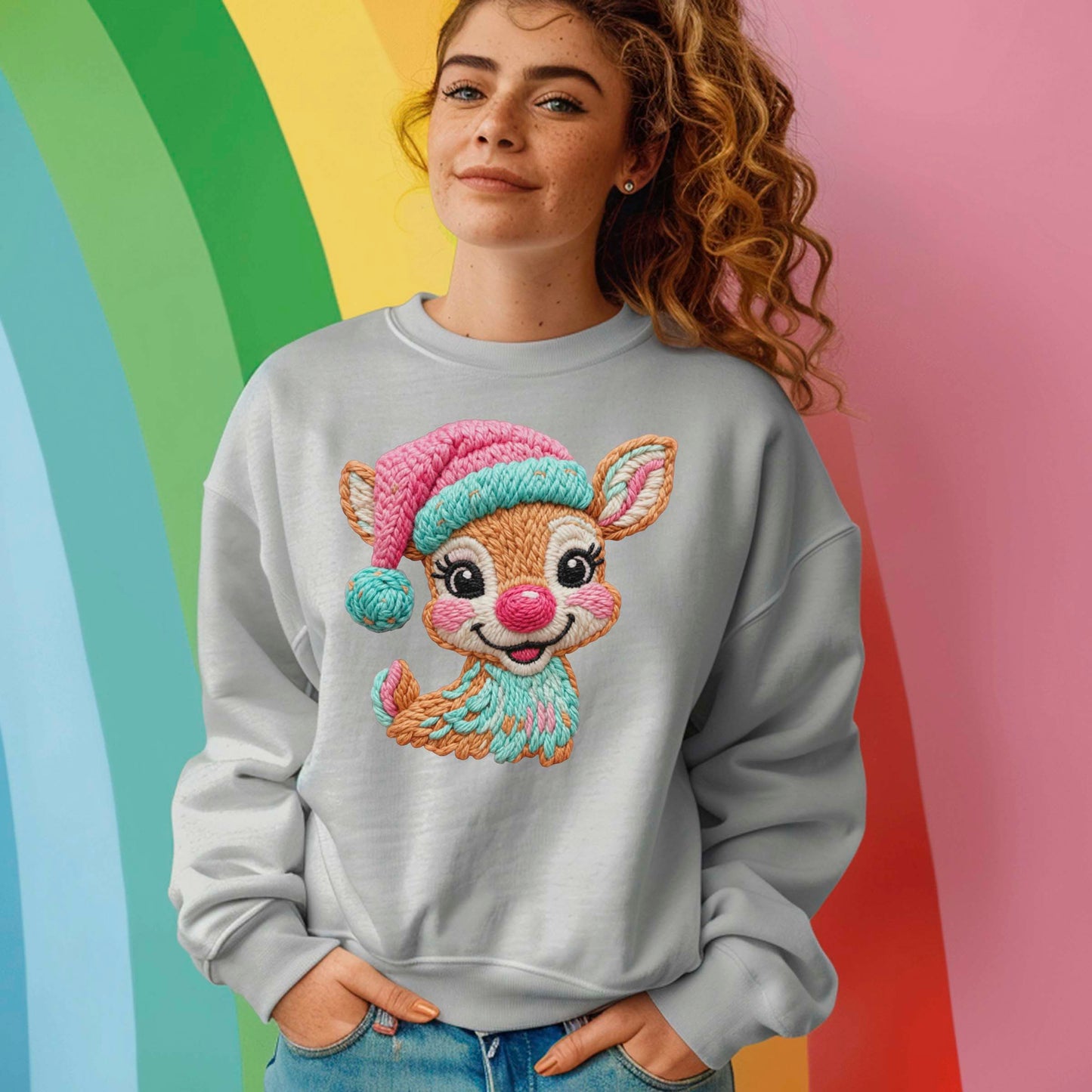 Faux Latch Hook Crochet Christmas Deer Sweatshirt, Christmas Cute Reindeer Shirt, X-mas Holiday Gift Tees