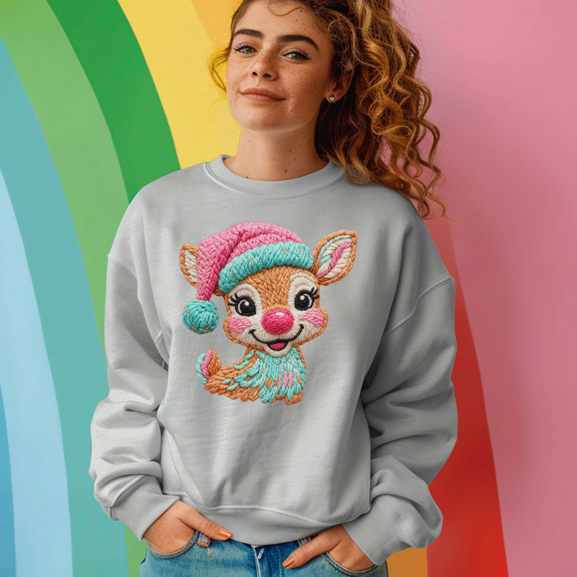 Faux Latch Hook Crochet Christmas Deer Sweatshirt, Christmas Cute Reindeer Shirt, X-mas Holiday Gift Tees