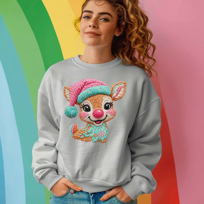 Faux Latch Hook Crochet Christmas Deer Sweatshirt, Christmas Cute Reindeer Shirt, X-mas Holiday Gift Tees