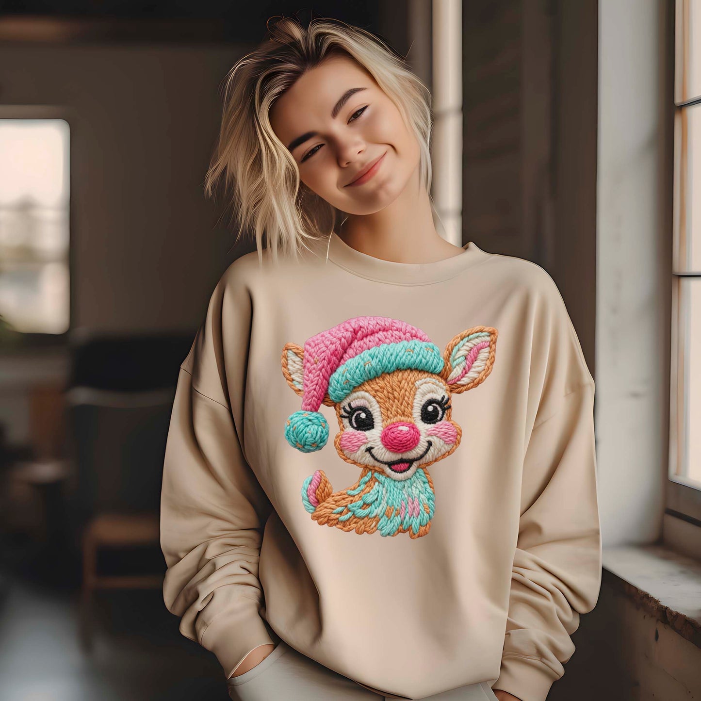 Faux Latch Hook Crochet Christmas Deer DTF Transfer Ready to Press, Christmas Cute Reindeer Heat Transfer For Shirt, UV Sticker Prints