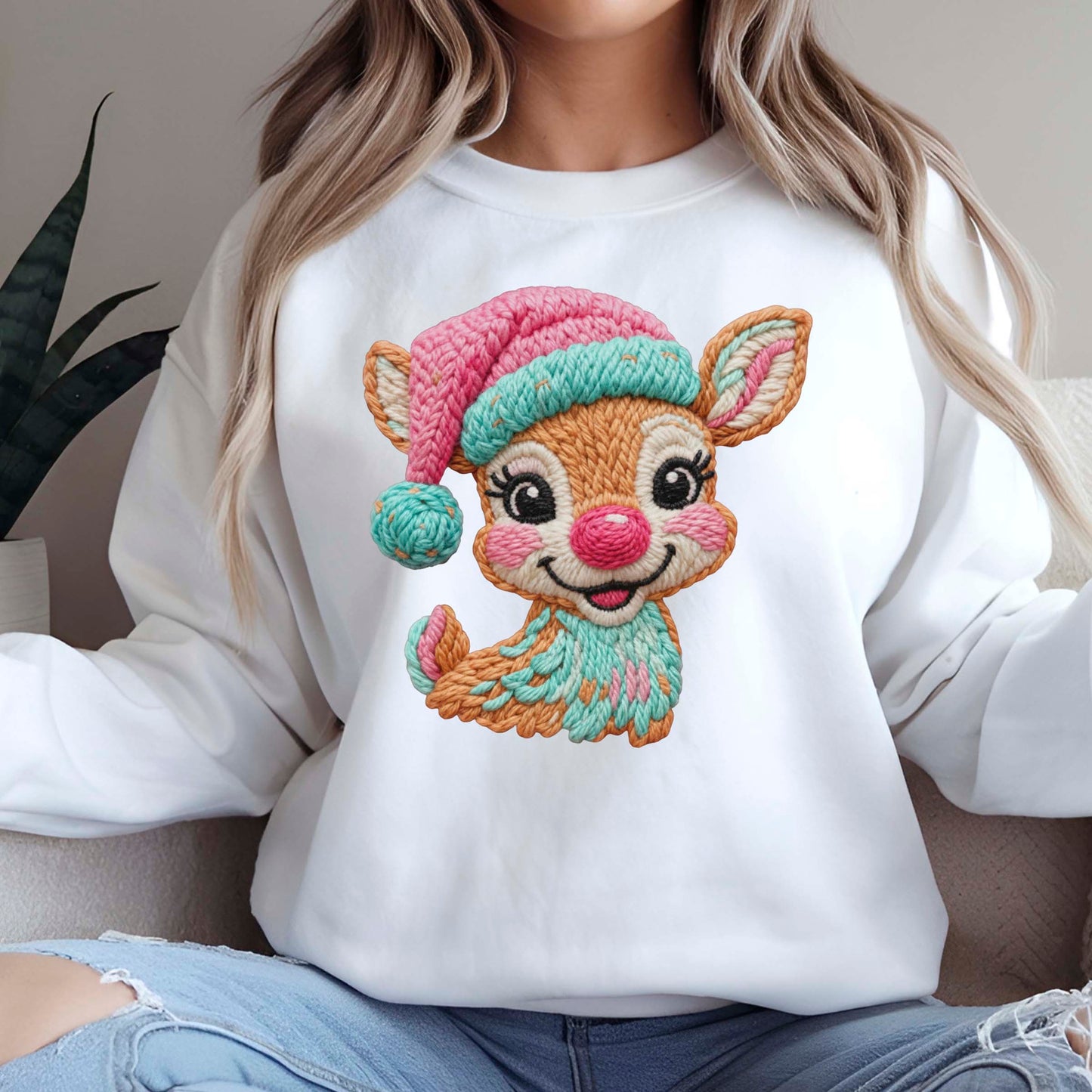 Faux Latch Hook Crochet Christmas Deer DTF Transfer Ready to Press, Christmas Cute Reindeer Heat Transfer For Shirt, UV Sticker Prints