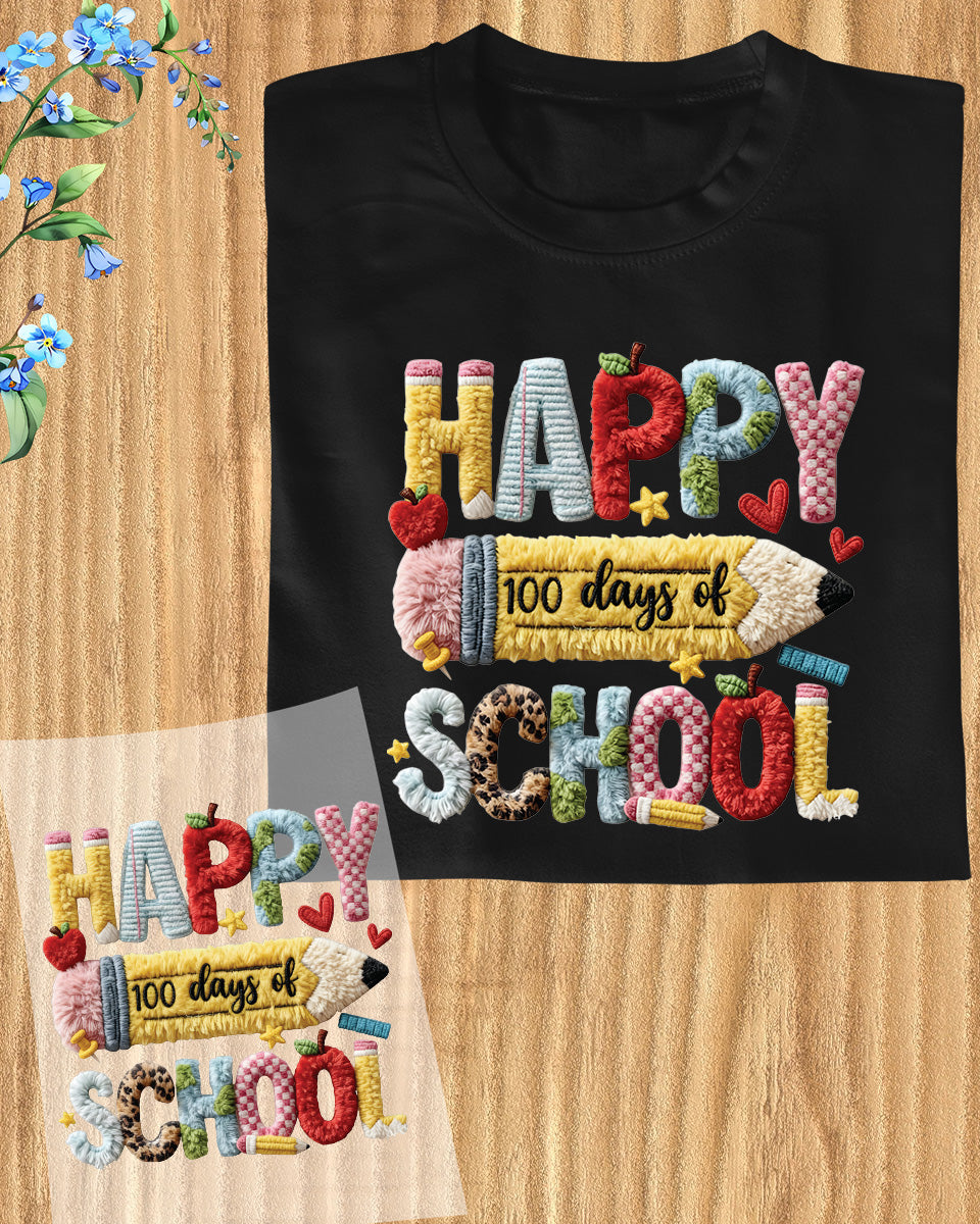 Faux Yarn 100 Days Of School DTF Transfer Ready to Press Happy Heat Application UV Sticker Prints Knitted Effect DIY Student Shirt Decal Art