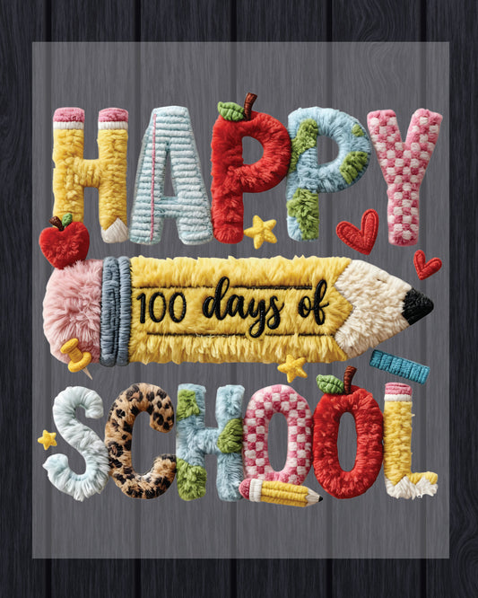 Faux Yarn 100 Days Of School DTF Transfer Ready to Press Happy Heat Application UV Sticker Prints Knitted Effect DIY Student Shirt Decal Art