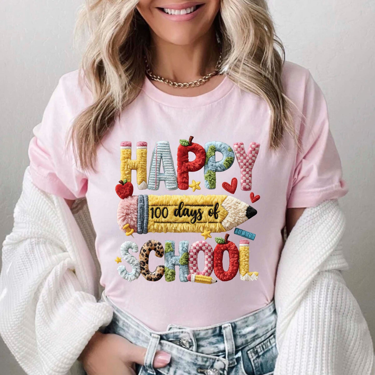 Faux Yarn 100 Days of School T Shirt Happy 100 Days of School Tee Kids Teens Boys Girls Women Men School Learning Shirt
