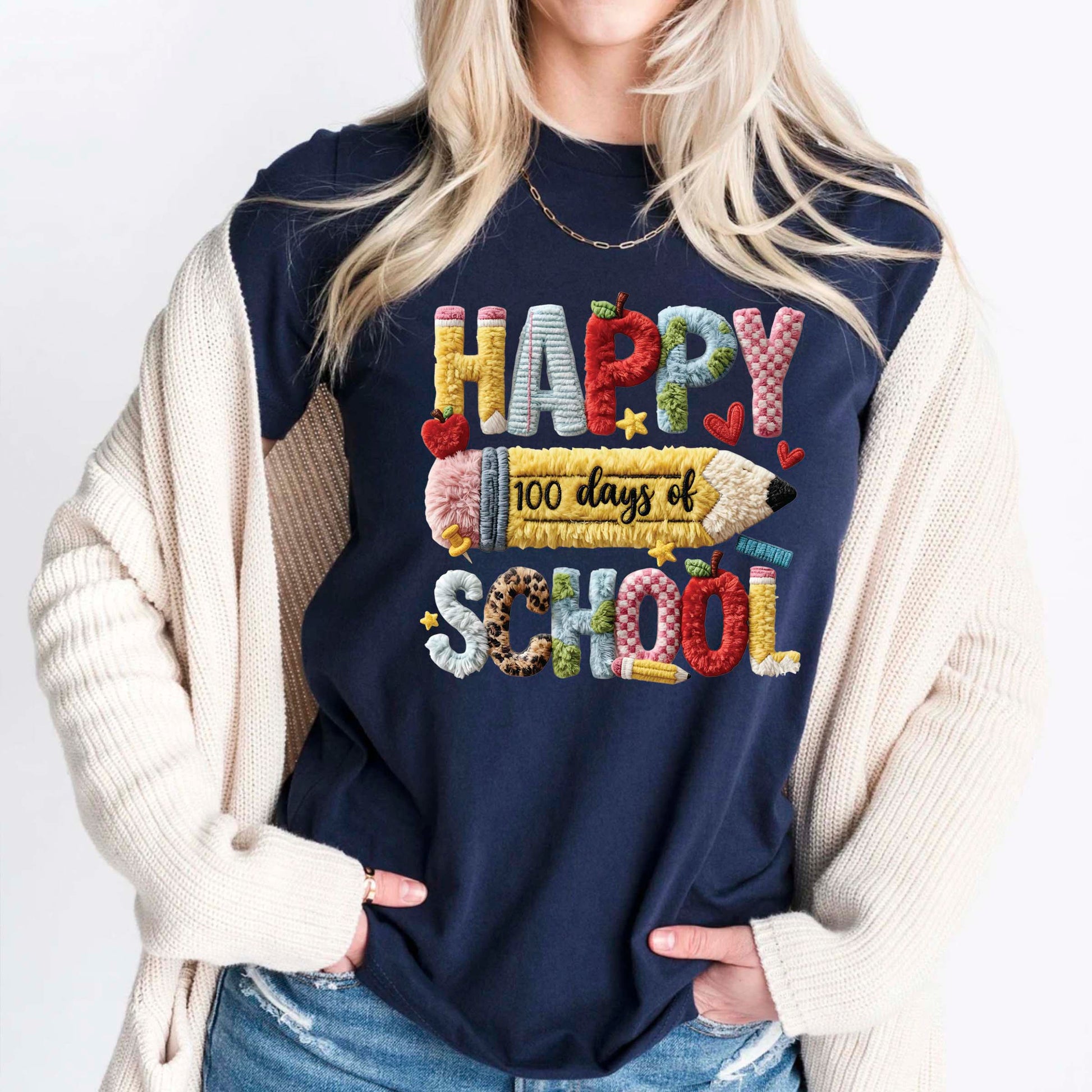 Faux Yarn 100 Days of School T Shirt Happy 100 Days of School Tee Kids Teens Boys Girls Women Men School Learning Shirt