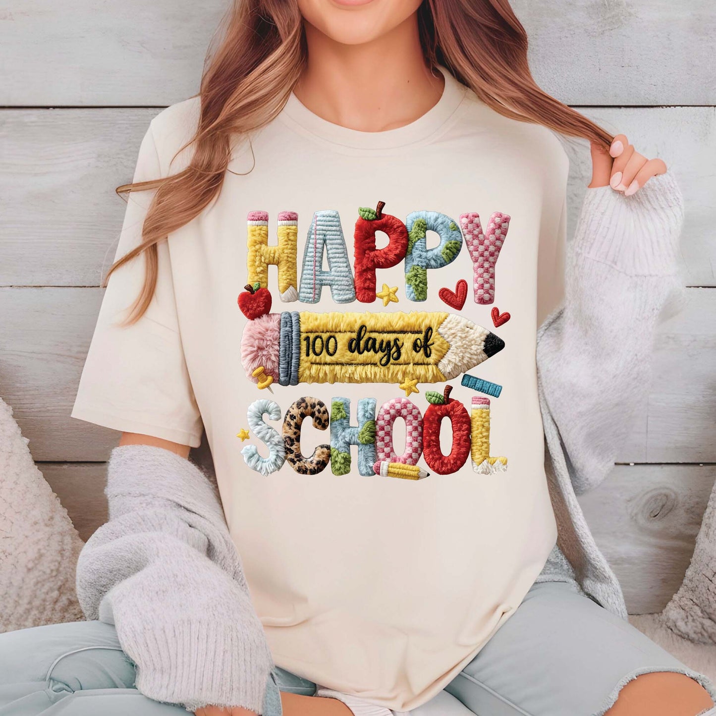 Faux Yarn 100 Days of School T Shirt Happy 100 Days of School Tee Kids Teens Boys Girls Women Men School Learning Shirt