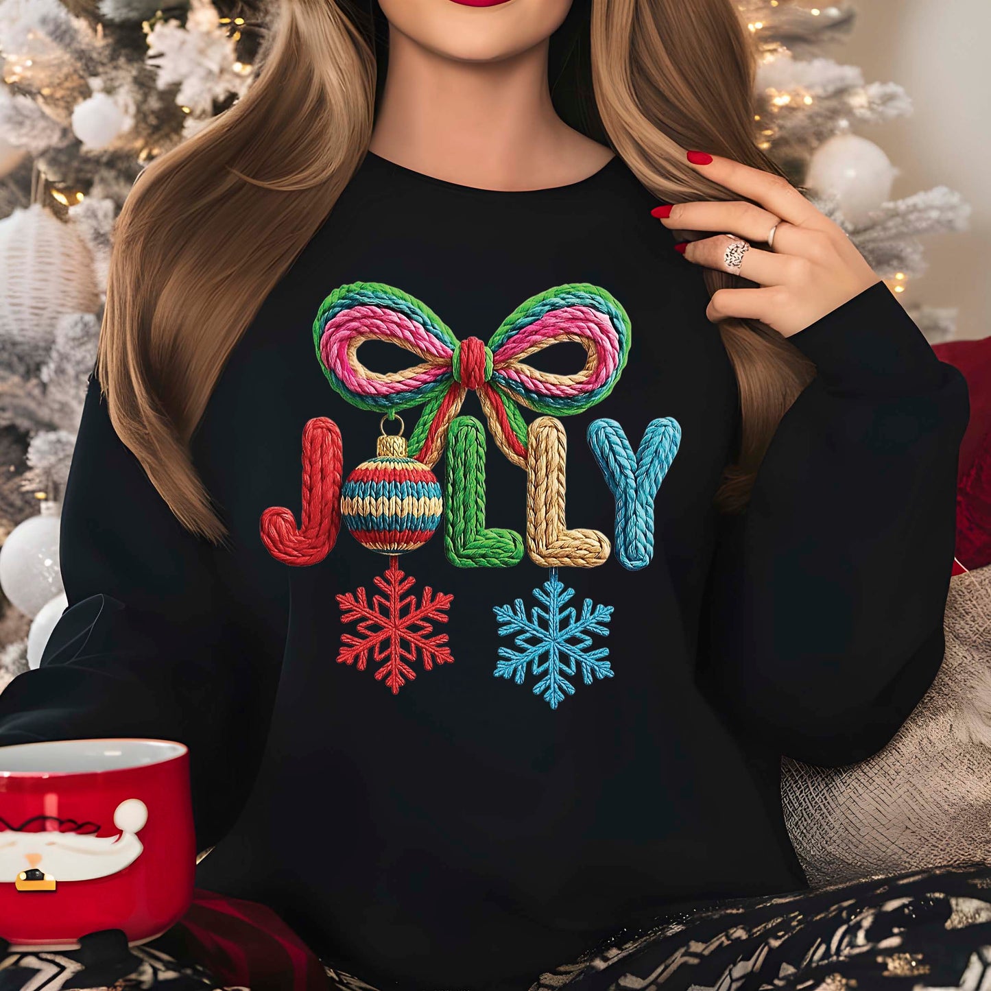 Faux Yarn Christmas Holly Jolly DTF Transfer Ready to Press, Holiday Heat Press Design, Xmas Shirt Print, UV DTF Sticker, Christmas Gift Idea