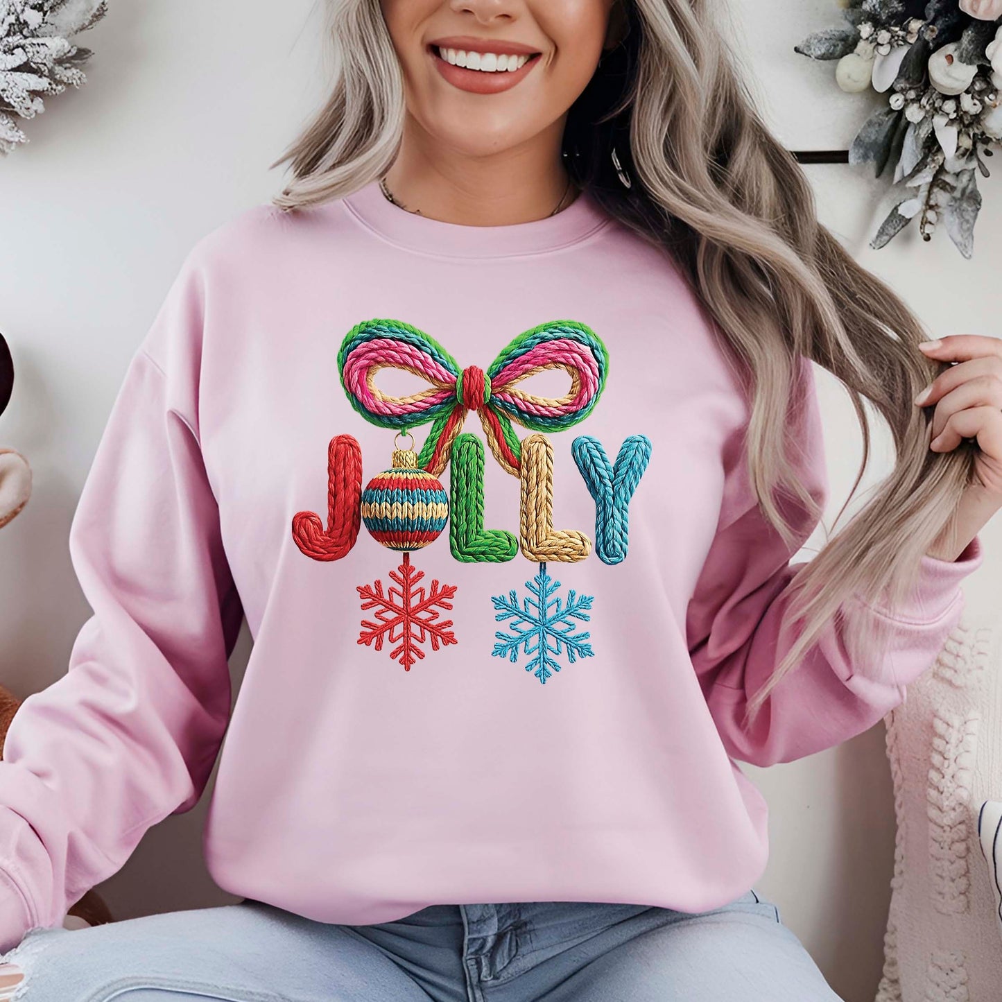 Faux Yarn Christmas Holly Jolly DTF Transfer Ready to Press, Holiday Heat Press Design, Xmas Shirt Print, UV DTF Sticker, Christmas Gift Idea