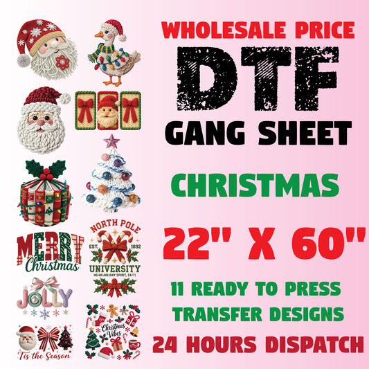 Faux Yarn Crochet Christmas DTF Transfer Gang Sheet Ready to Press, Faux Yarn Holiday X-mas Premade Gang Sheet, Christmas Iron on Transfer