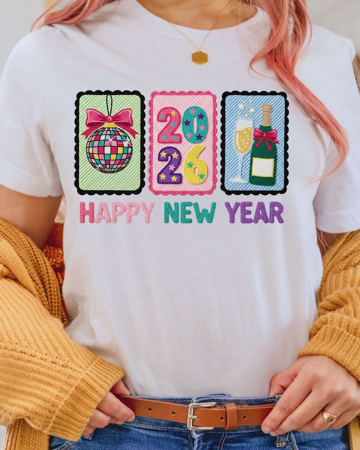 Faux Yarn Happy New Year 2026 DTF Transfer, Ready to Press Heat Transfer for Shirts, Festive Holiday Faux Yarn New Year Design, UV Sticker