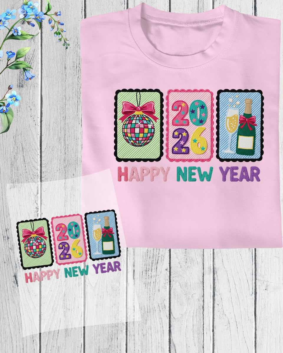 Faux Yarn Happy New Year 2026 DTF Transfer, Ready to Press Heat Transfer for Shirts, Festive Holiday Faux Yarn New Year Design, UV Sticker