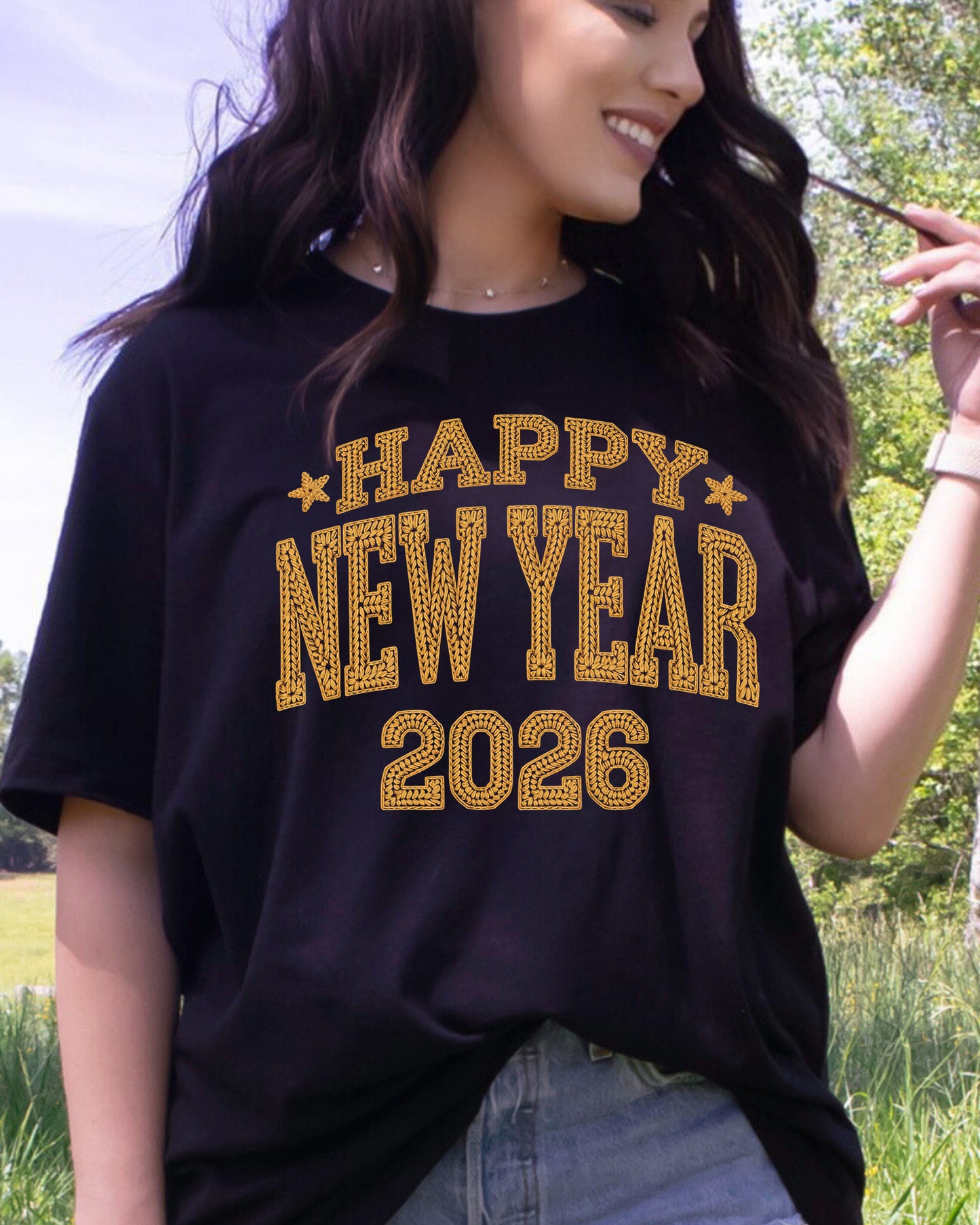 Faux Yarn Happy New Year 2026 DTF Transfer, Ready to Press Heat Transfer for Shirts, Festive Holiday Faux Yarn New Year Design, UV Sticker