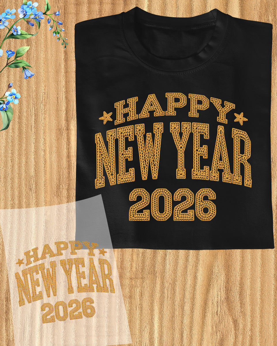 Faux Yarn Happy New Year 2026 DTF Transfer, Ready to Press Heat Transfer for Shirts, Festive Holiday Faux Yarn New Year Design, UV Sticker