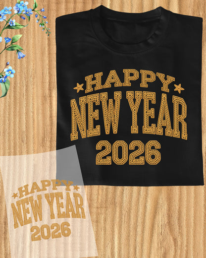 Faux Yarn Happy New Year 2026 DTF Transfer, Ready to Press Heat Transfer for Shirts, Festive Holiday Faux Yarn New Year Design, UV Sticker