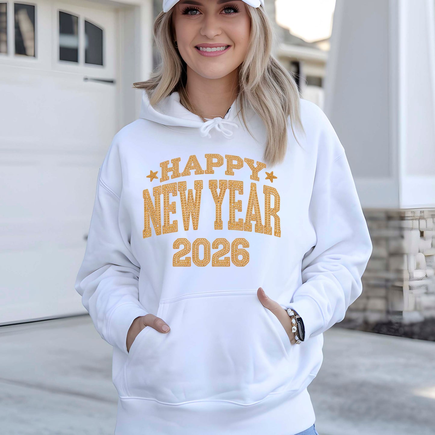 Faux Yarn Happy New Year 2026 DTF Transfer, Ready to Press Heat Transfer for Shirts, Festive Holiday Faux Yarn New Year Design, UV Sticker