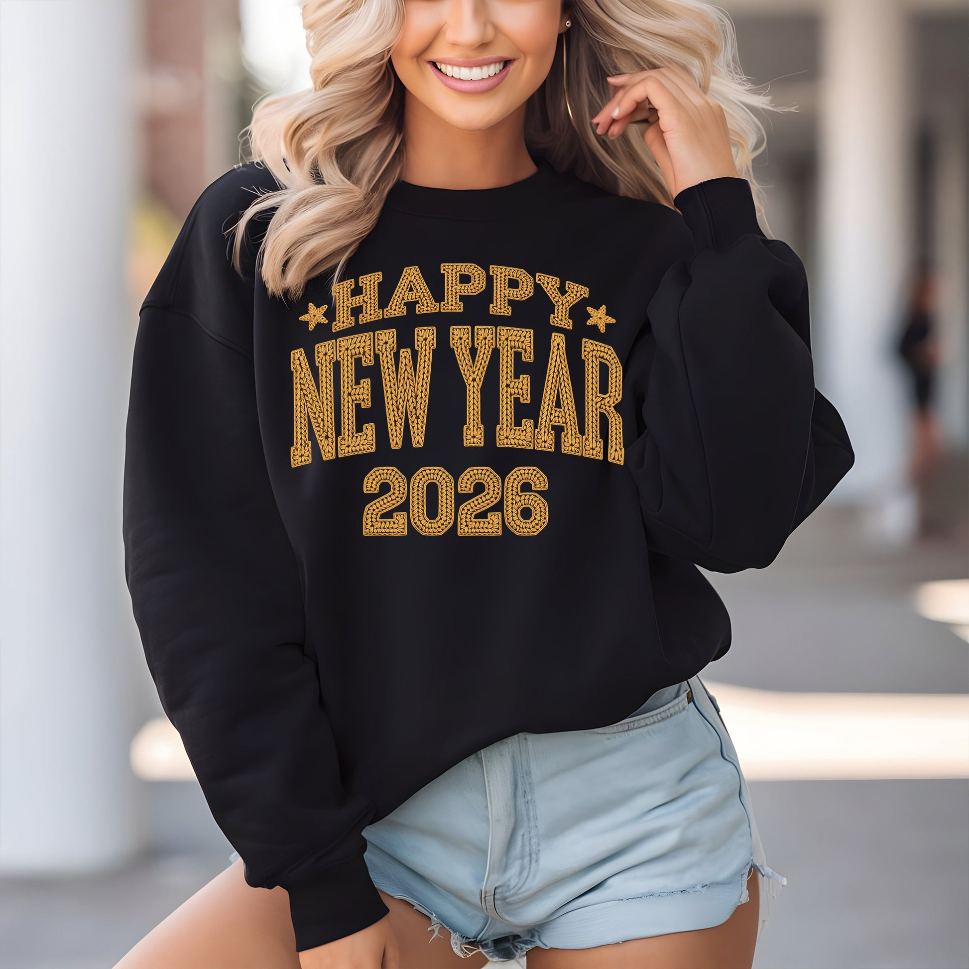 Faux Yarn Happy New Year 2026 DTF Transfer, Ready to Press Heat Transfer for Shirts, Festive Holiday Faux Yarn New Year Design, UV Sticker