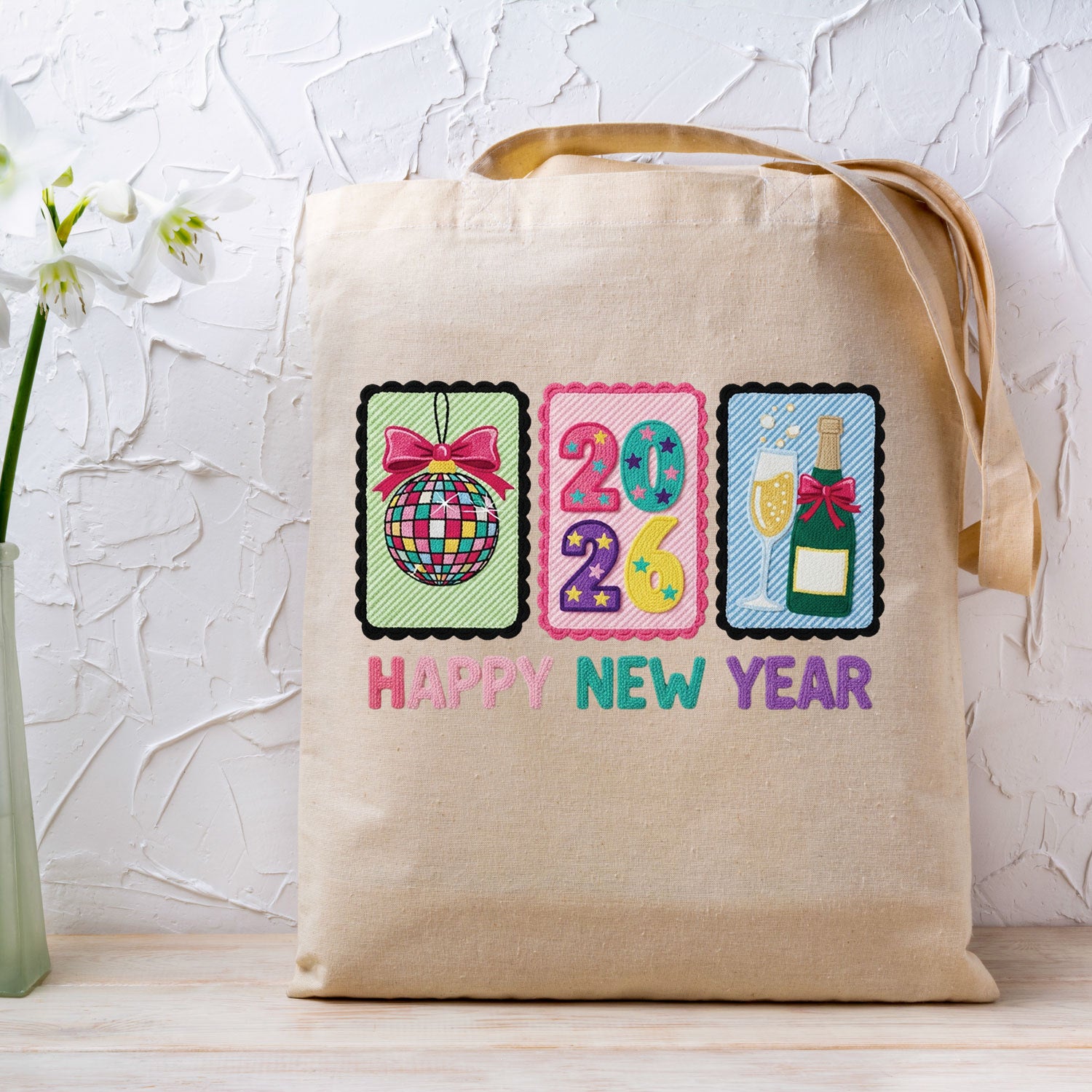 Faux Yarn Happy New Year 2026 DTF Transfer, Ready to Press Heat Transfer for Shirts, Festive Holiday Faux Yarn New Year Design, UV Sticker