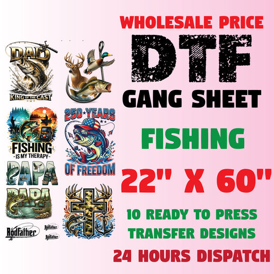 Fishing Premade Gang Sheet Father's Day DTF Transfer ready to Press Fishing Dad American Freedom Theme Heat Transfer for Shirts