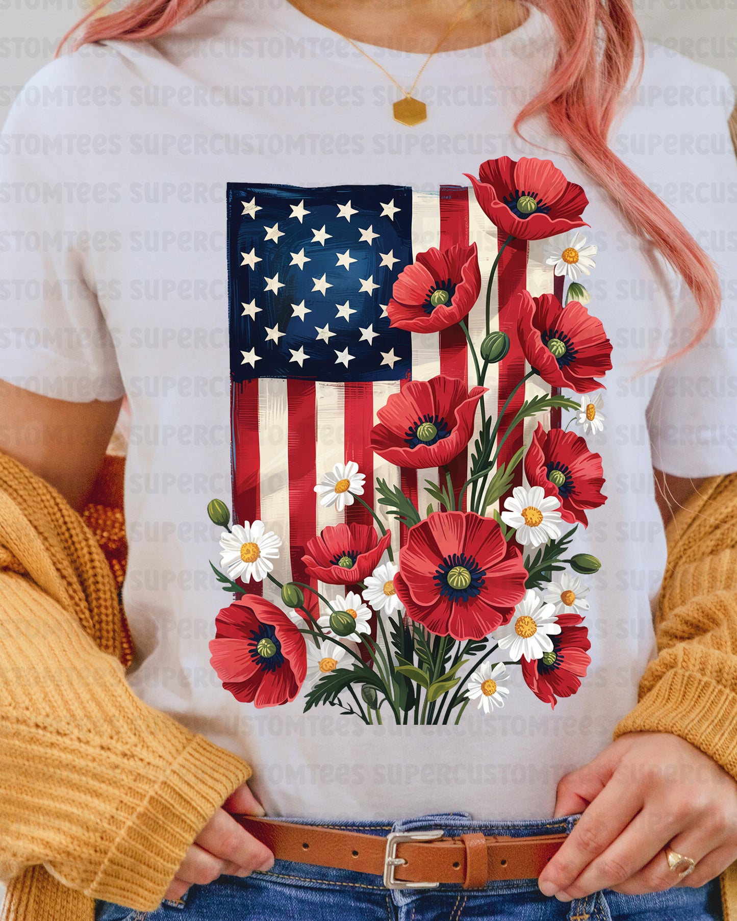 Floral American Flag Heat Transfer for Shirts