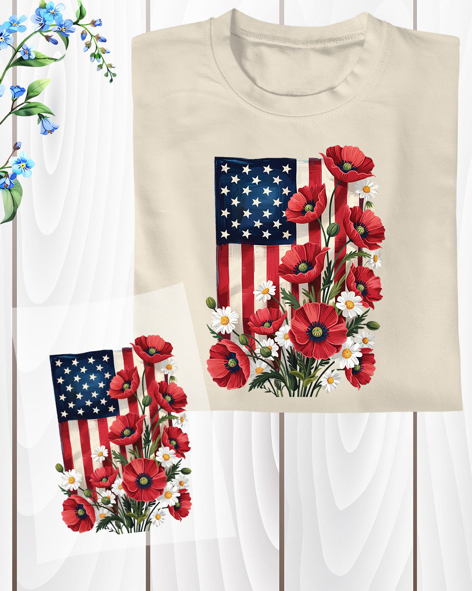 Floral American Flag Heat Transfer for Shirts