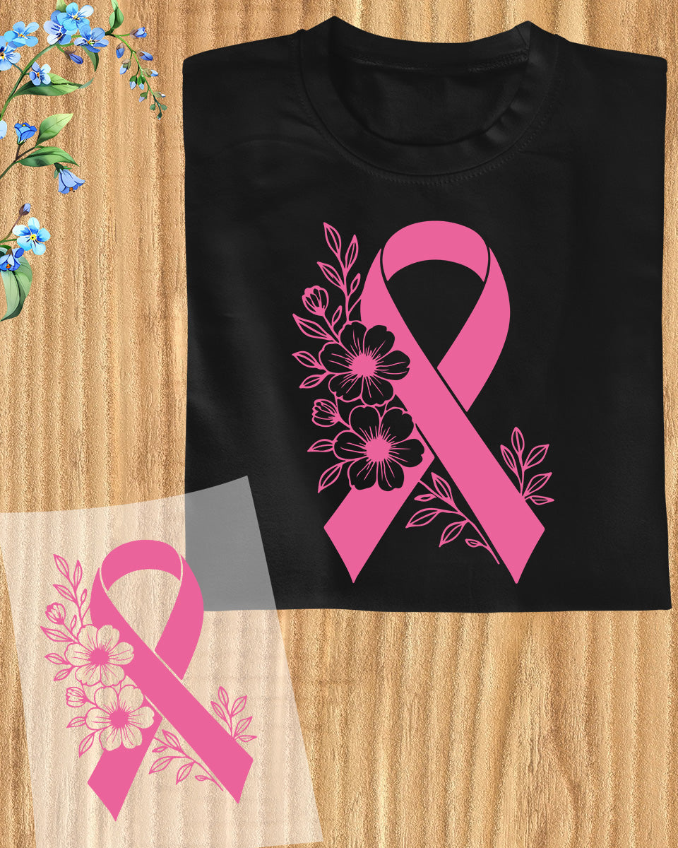 Floral Pink Ribbon Breast Cancer DTF Transfer