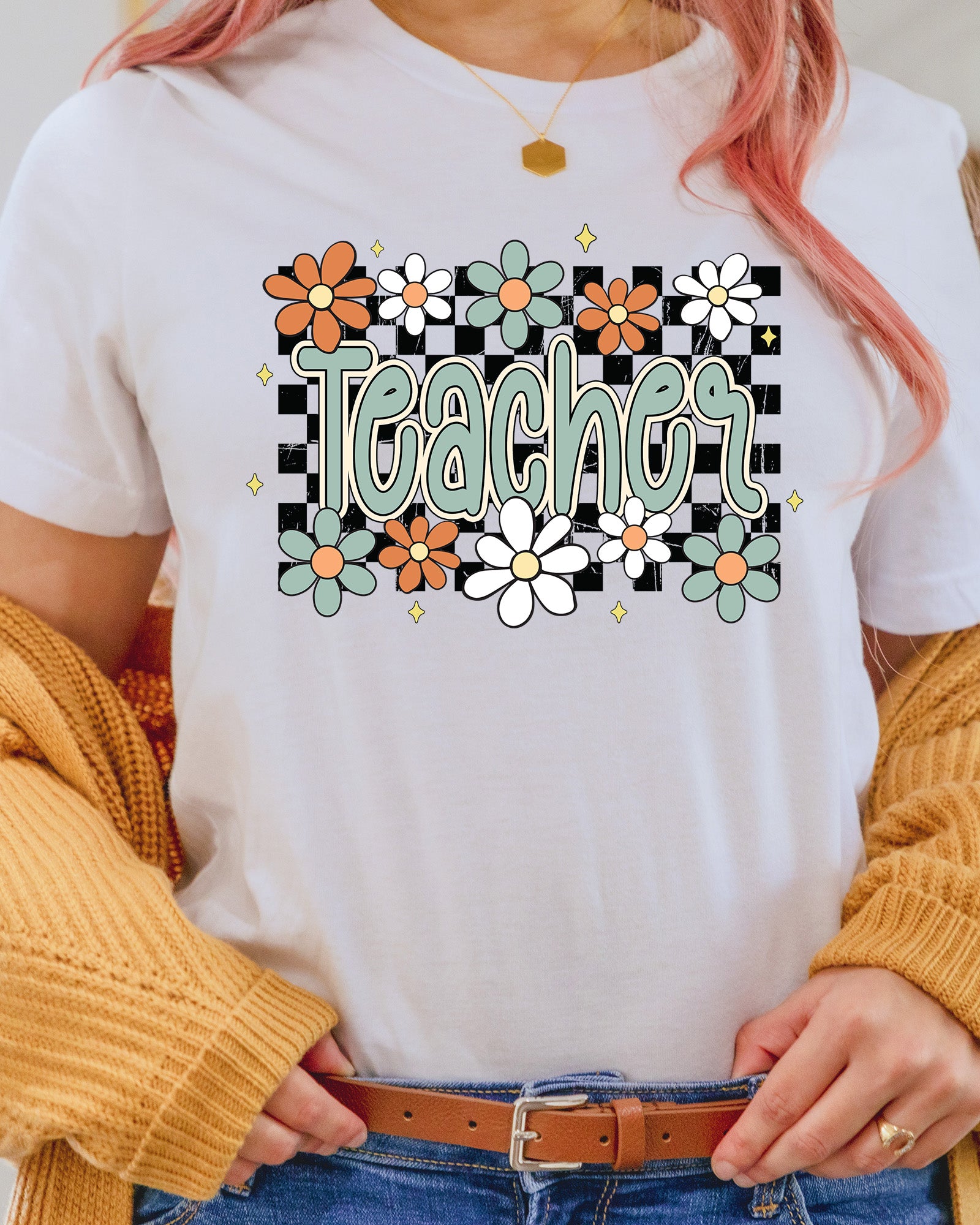 Floral Teacher Retro Checker Teach DTF Transfer