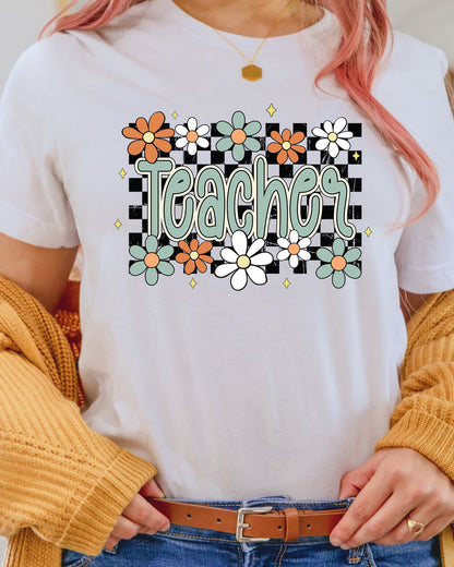 Floral Teacher Retro Checker Teach DTF Transfer