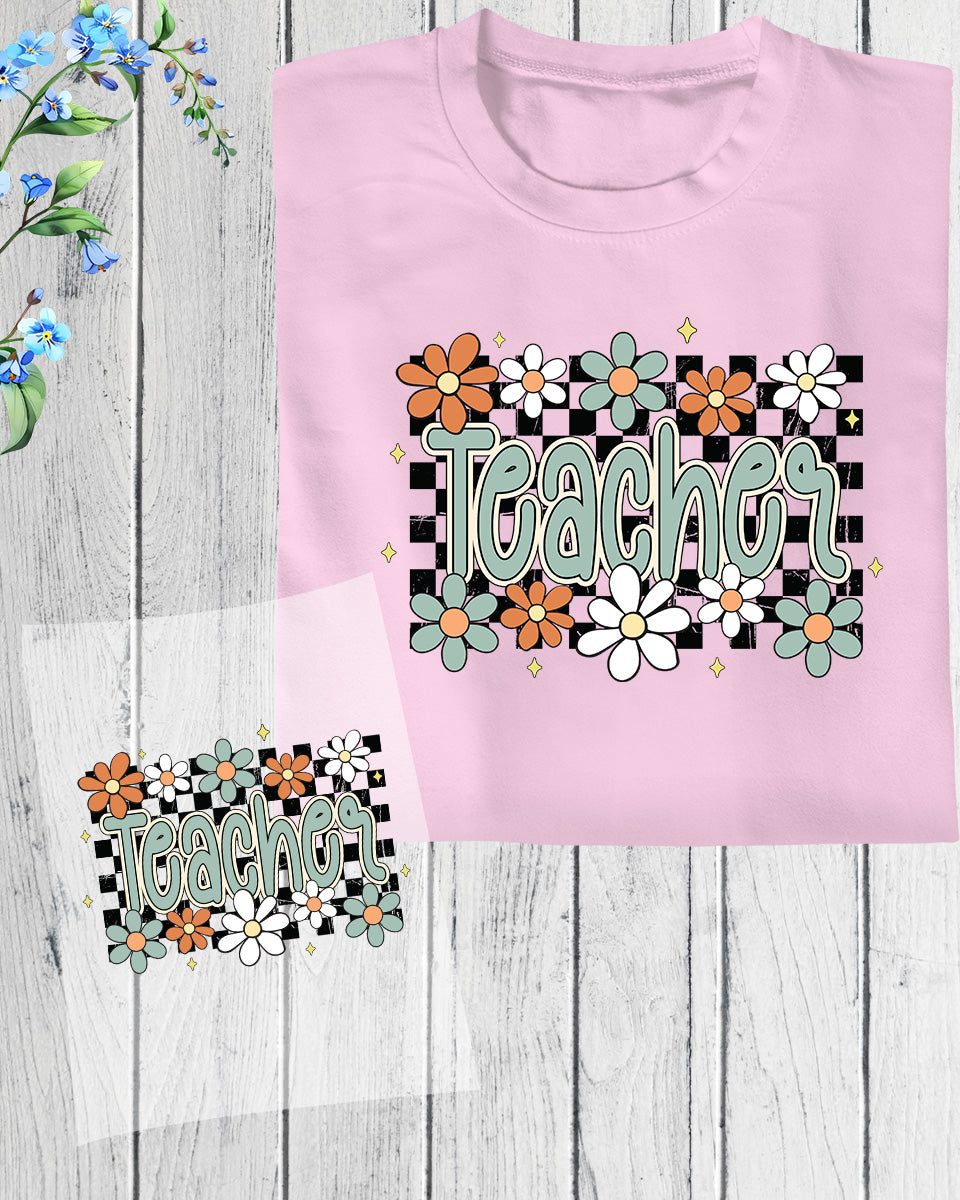 Floral Teacher Retro Checker Teach DTF Transfer