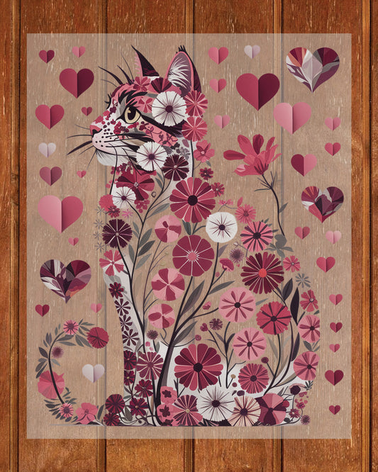 Floral Valentine Cat DTF Transfer