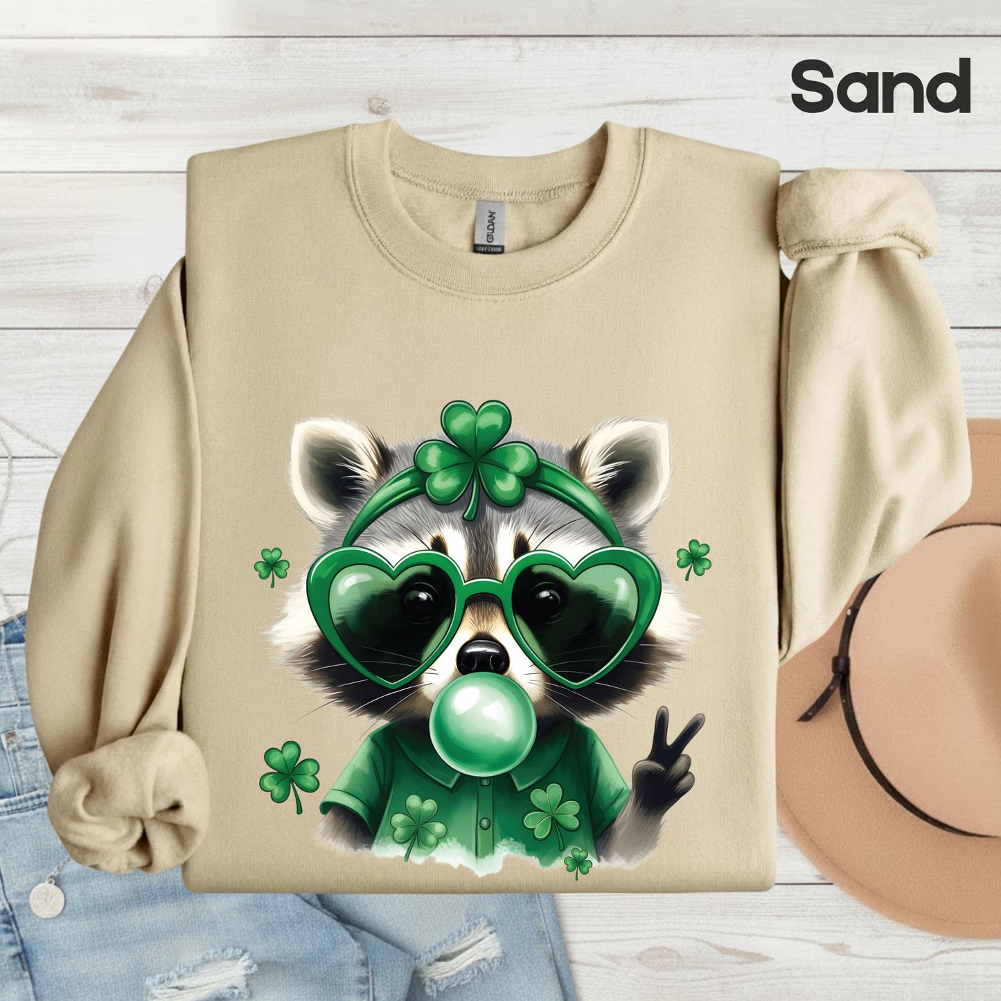 Funny Raccoon Character St. Patrick’s Day Shirts Shamrock Sweatshirt Saint Patrick Party Tees Irish Green Sweater For Men Women Kids
