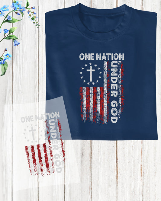 One nation Under God Christian Cross with USA Flag DTF Transfer Film