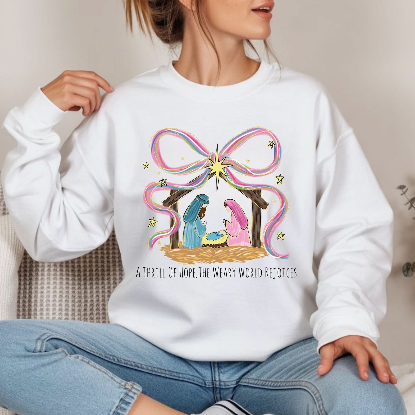 Girly Nativity Scene Christmas Shirt, Coquette Christian Christmas Sweatshirt, Jesus Birth Matthew 1:21 Sweatshirt, World Rejoices Shirt